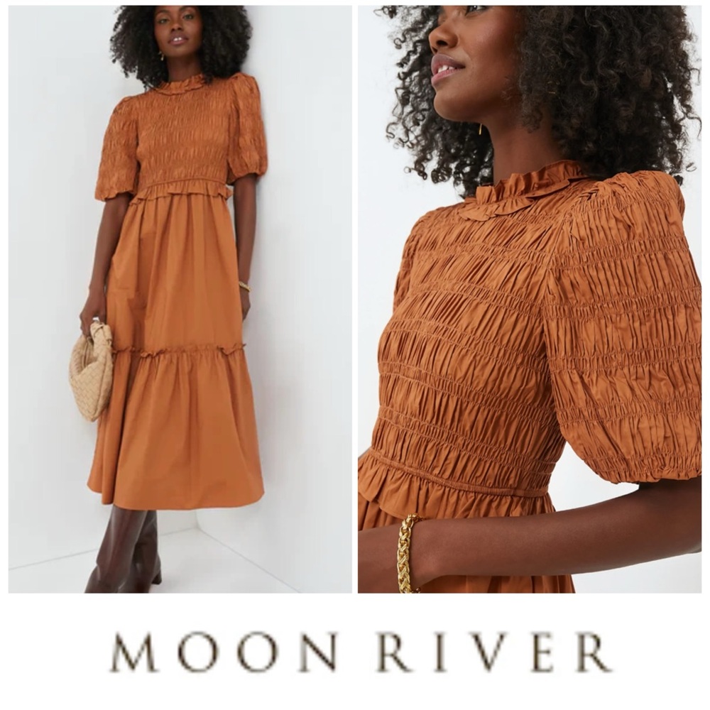 New! Moon River -Anthropologie Smocked Puff-Sleeves Women's Midi Dress